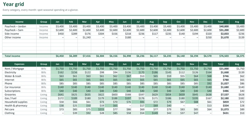Ultimate Budget Planner: Year grid: every category, every month