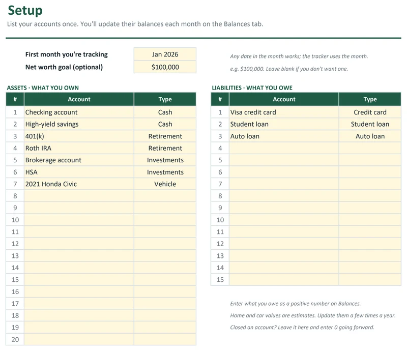 Net Worth Tracker: Accounts setup