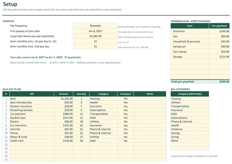 Paycheck Budget Planner: Setup: pay schedule and bills